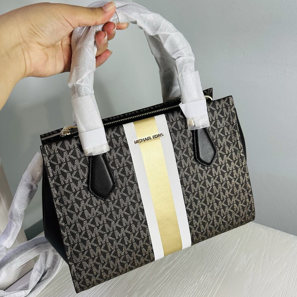MICHAEL KORS Marilyn Medium Signature Logo Stripe Satchel